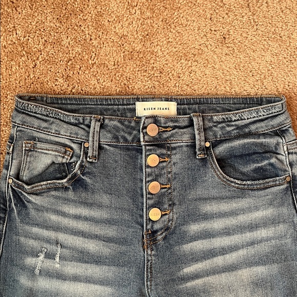 Risen Button Fly Distressed Wide Raw Hem Jeans - Picture 2 of 10